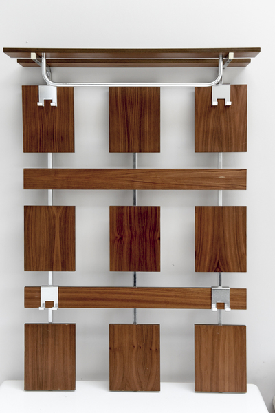 Teak wall mounted coat rack with hooks, mirror & drawer Teak wall mounted coat rack with hooks, mirror & drawer