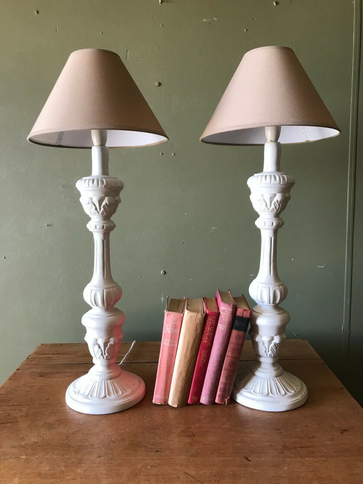 Large Tall Pair Of Vintage Chalkware Table Lamps With Shades C 1950 Rewired X2 Vinterior