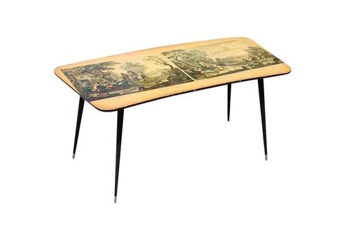 Midcentury Curved Coffee Table With Wagner Prints, Metal Feet And Gold Brass