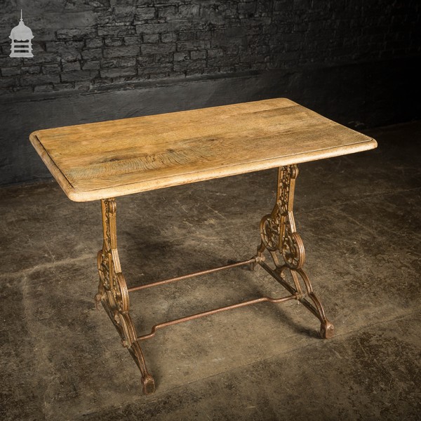 19th C Cast Iron Pub Table Base With Bleached Brushed Oak Top Vinterior