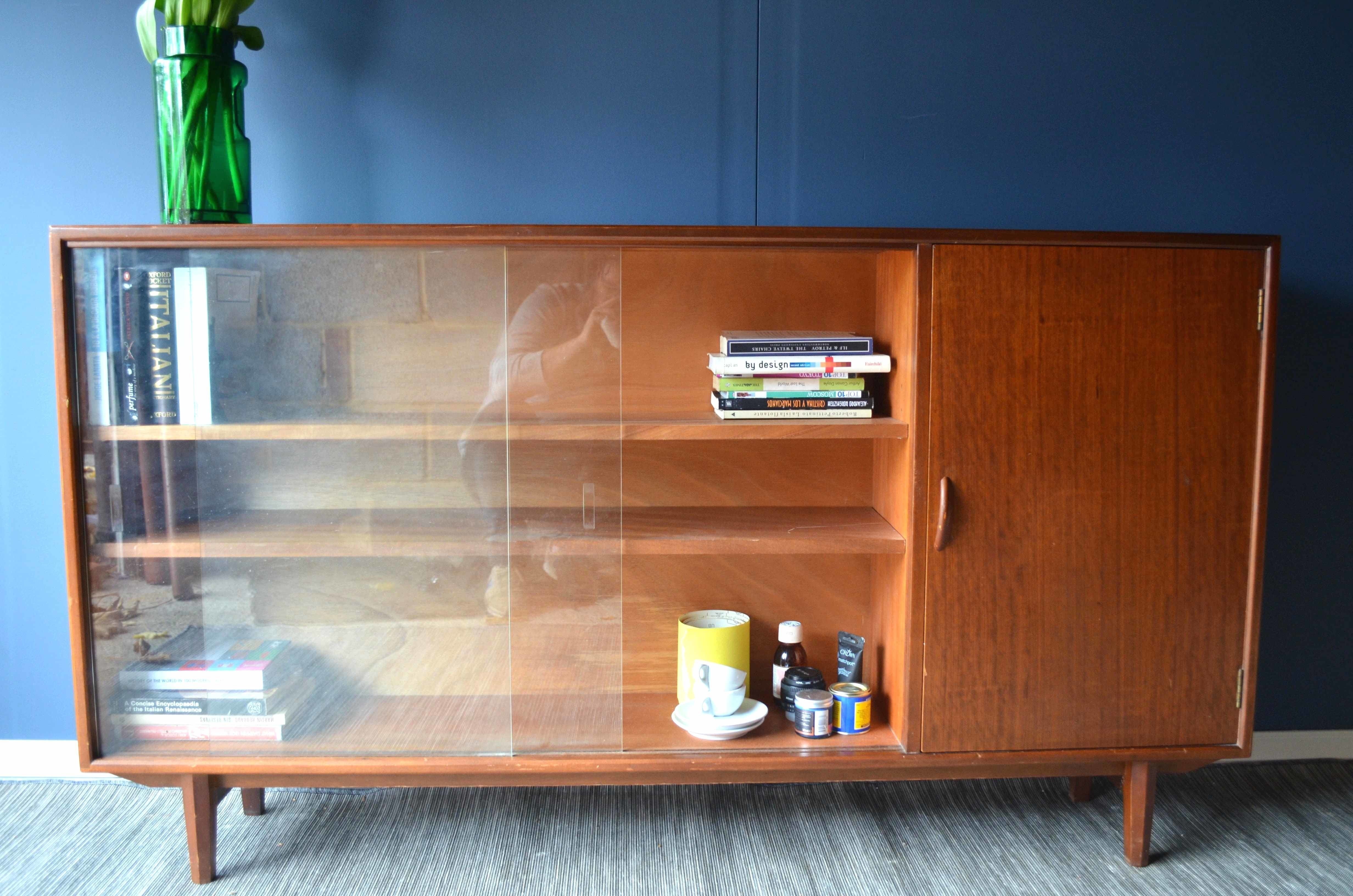 Vintage Danish Stye Teak Bookcase Display Cabinet With Sliding