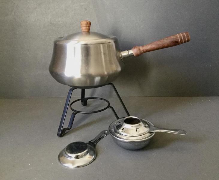 Vintage Stainless Steel Fondue Set Japan, Mid Century Wood Handle