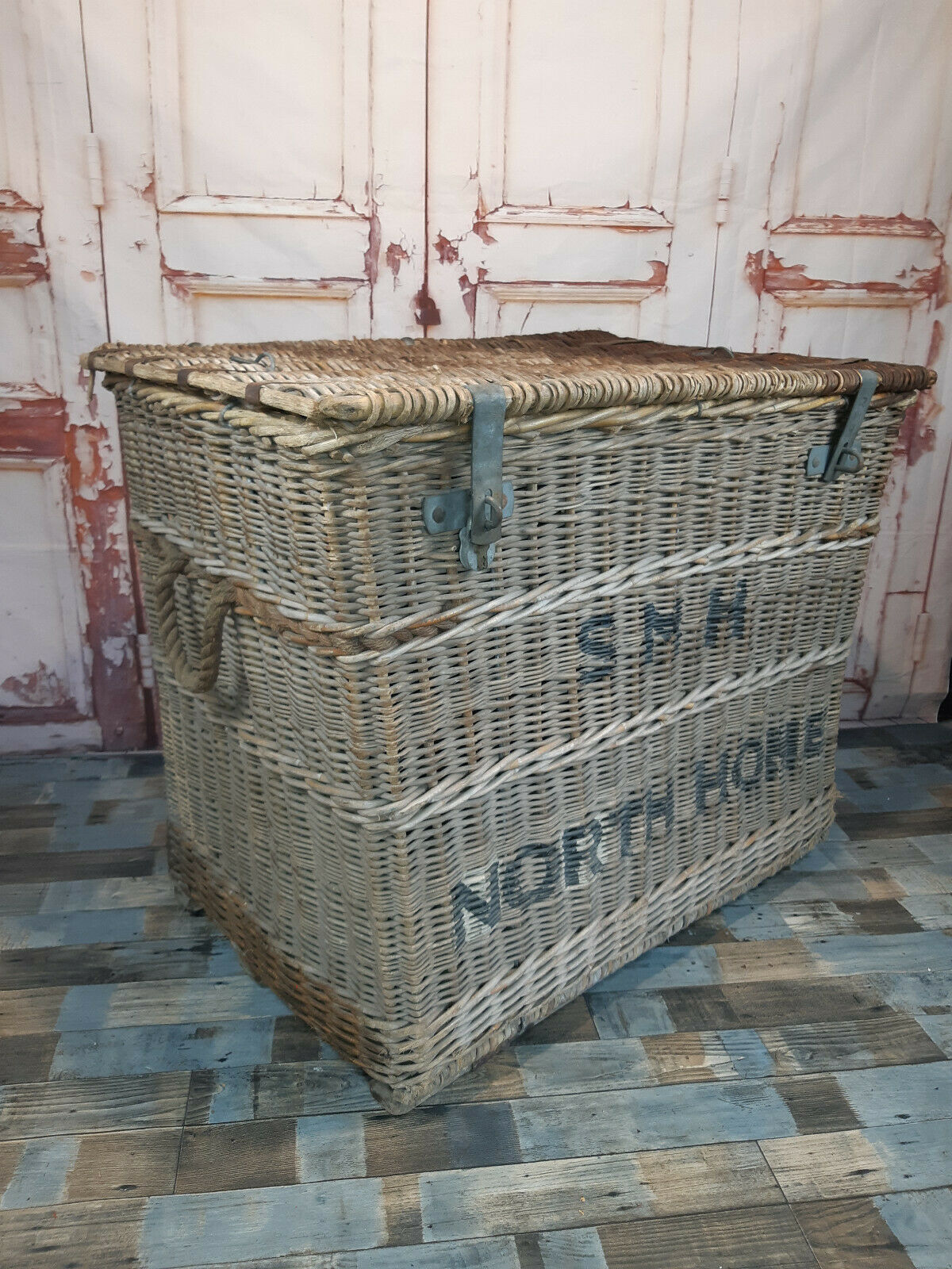 Vintage Industrial Very Large Wicker Mill Hospital Linen Basket Cart On Wheels Unknown Vinterior