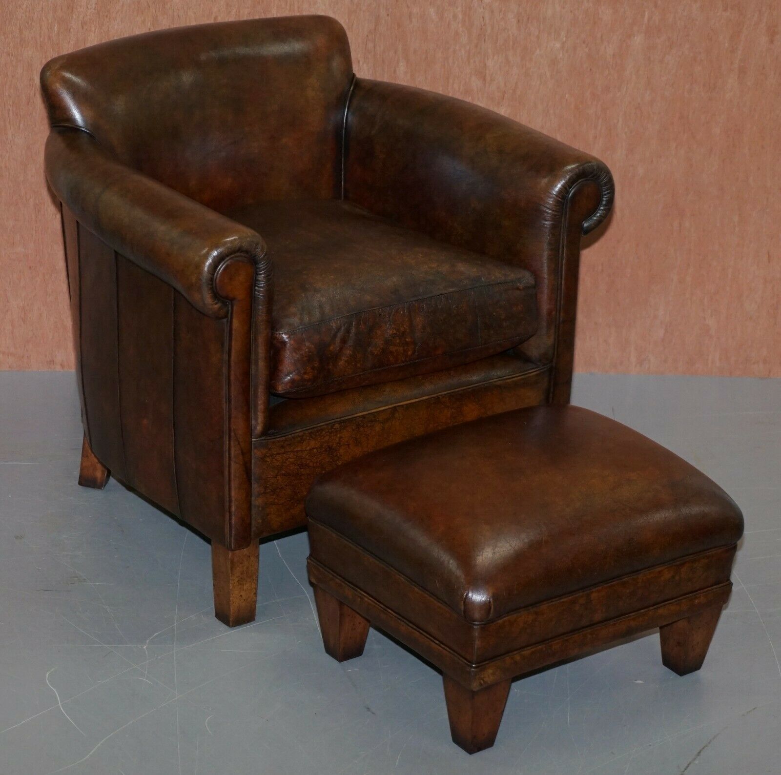 Hand Dyed Vintage Finish Tetrad Camford Brown Leather Armchair Footstool Vinterior