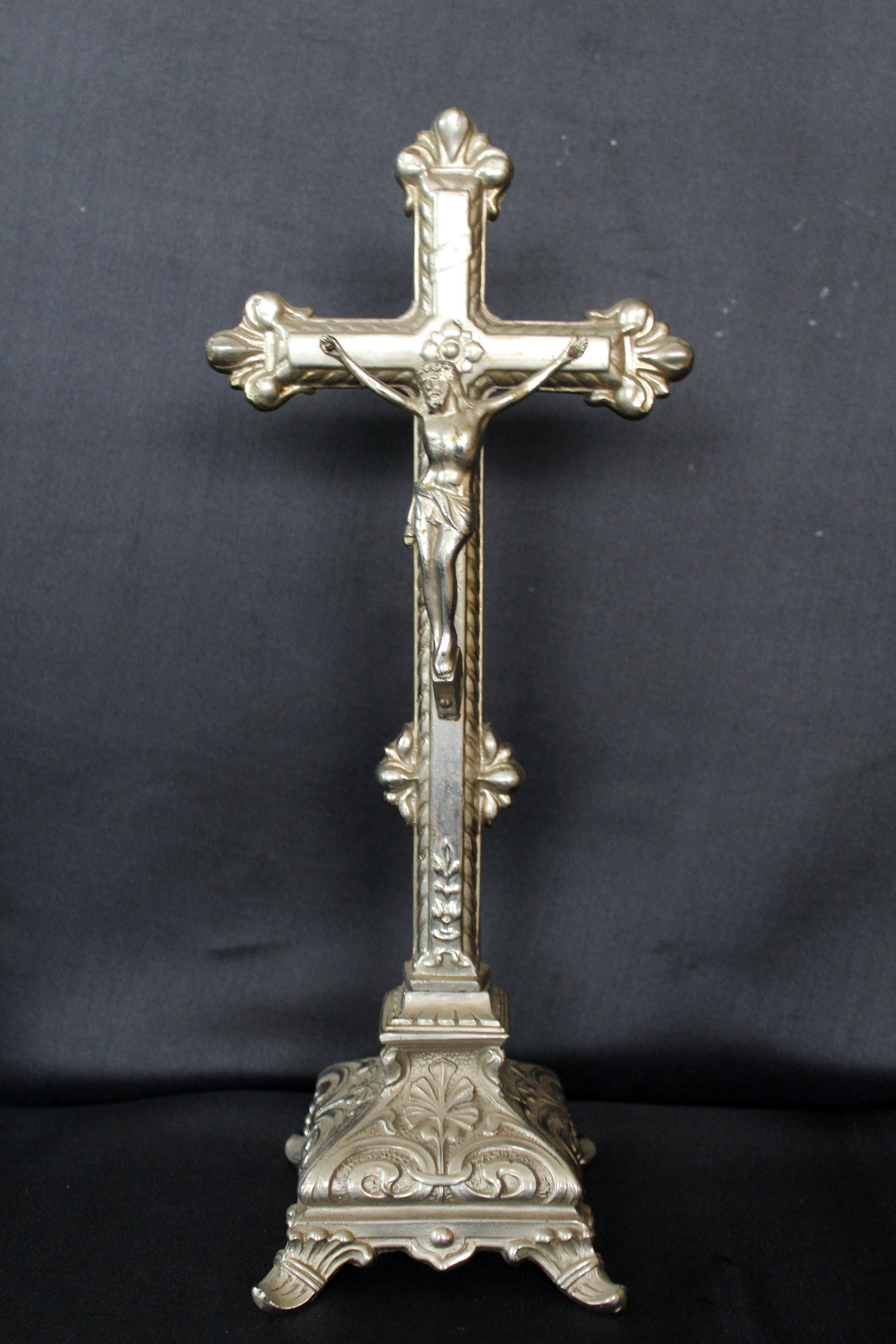 Tall Vintage Table Crucifix, Antique Art Nouveau Free Standing Cross