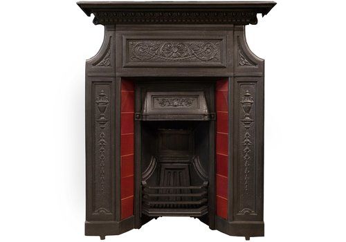 Antique Edwardian Cast Iron Combination Fireplace With Red Tiles