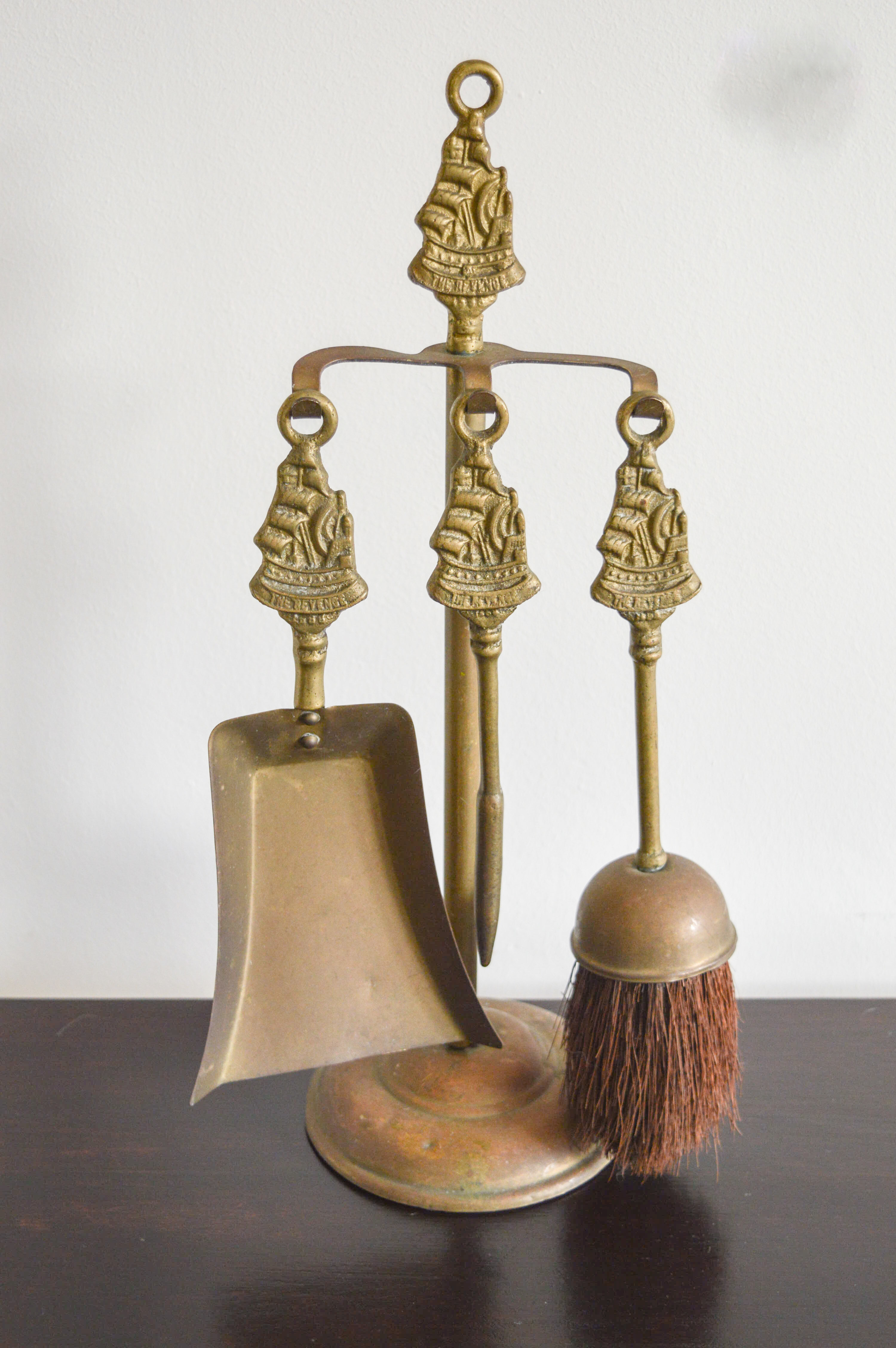 Antique Brass 4 Pc Fireplace Tools Companion Set The Revenge 1588 Ship