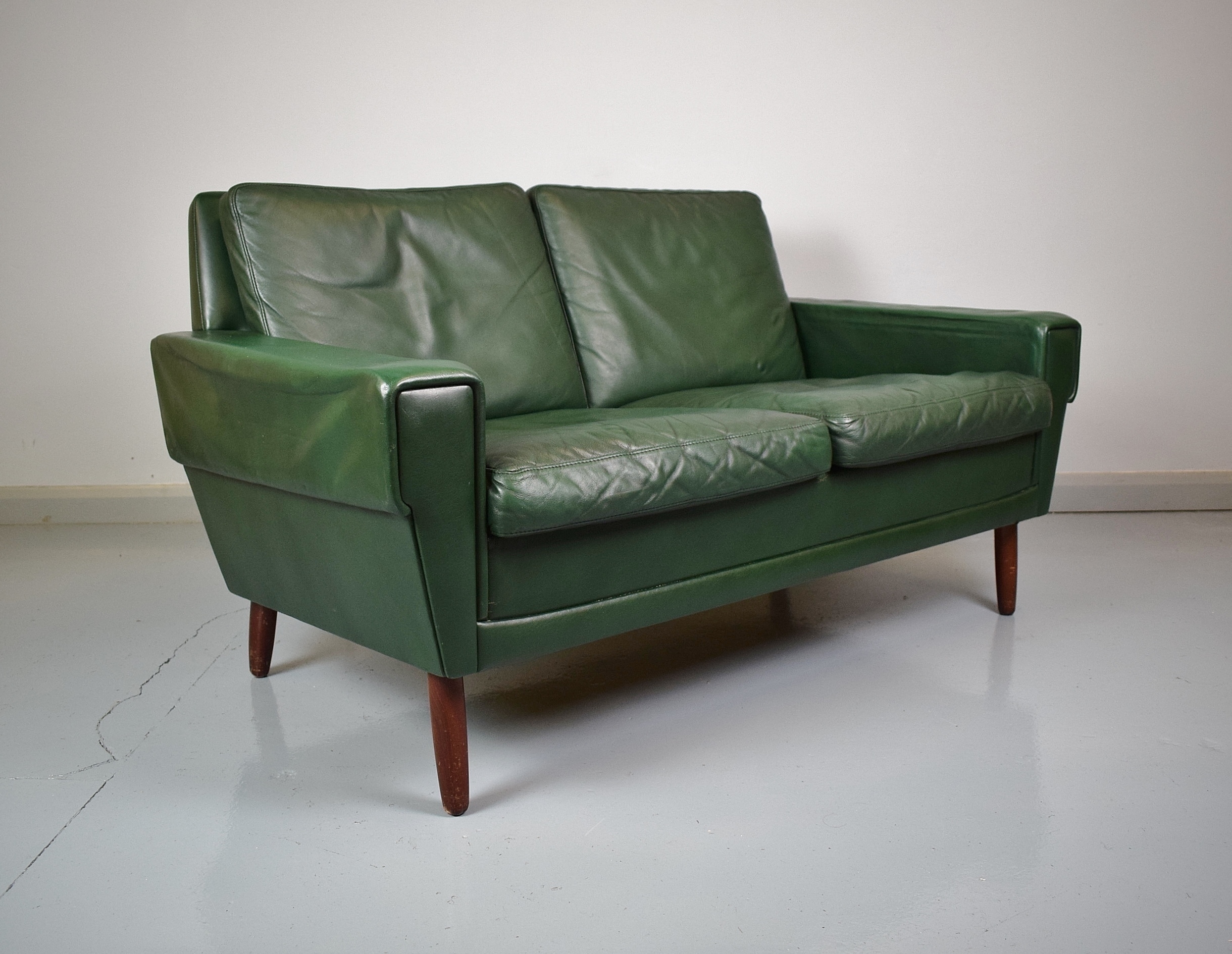 Mid Century Retro Vintage Danish Green Leather 2 Seat Sofa