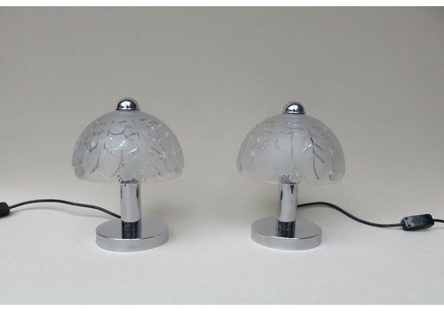 Small Pressed Glass And Chrome Mushroom Table Lamps From Peill & Putzler, 1970s, Set Of 2