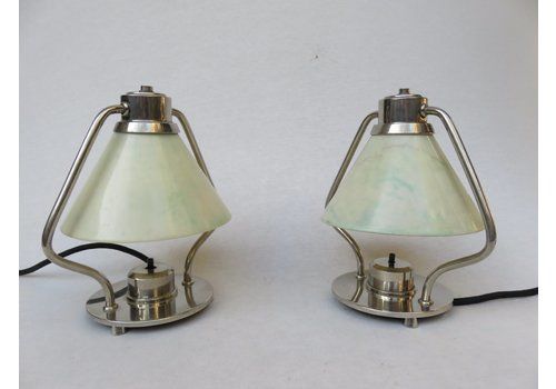 Art Deco Nickel Plated Table Lamps, Bakelite Shades, Set Of 2