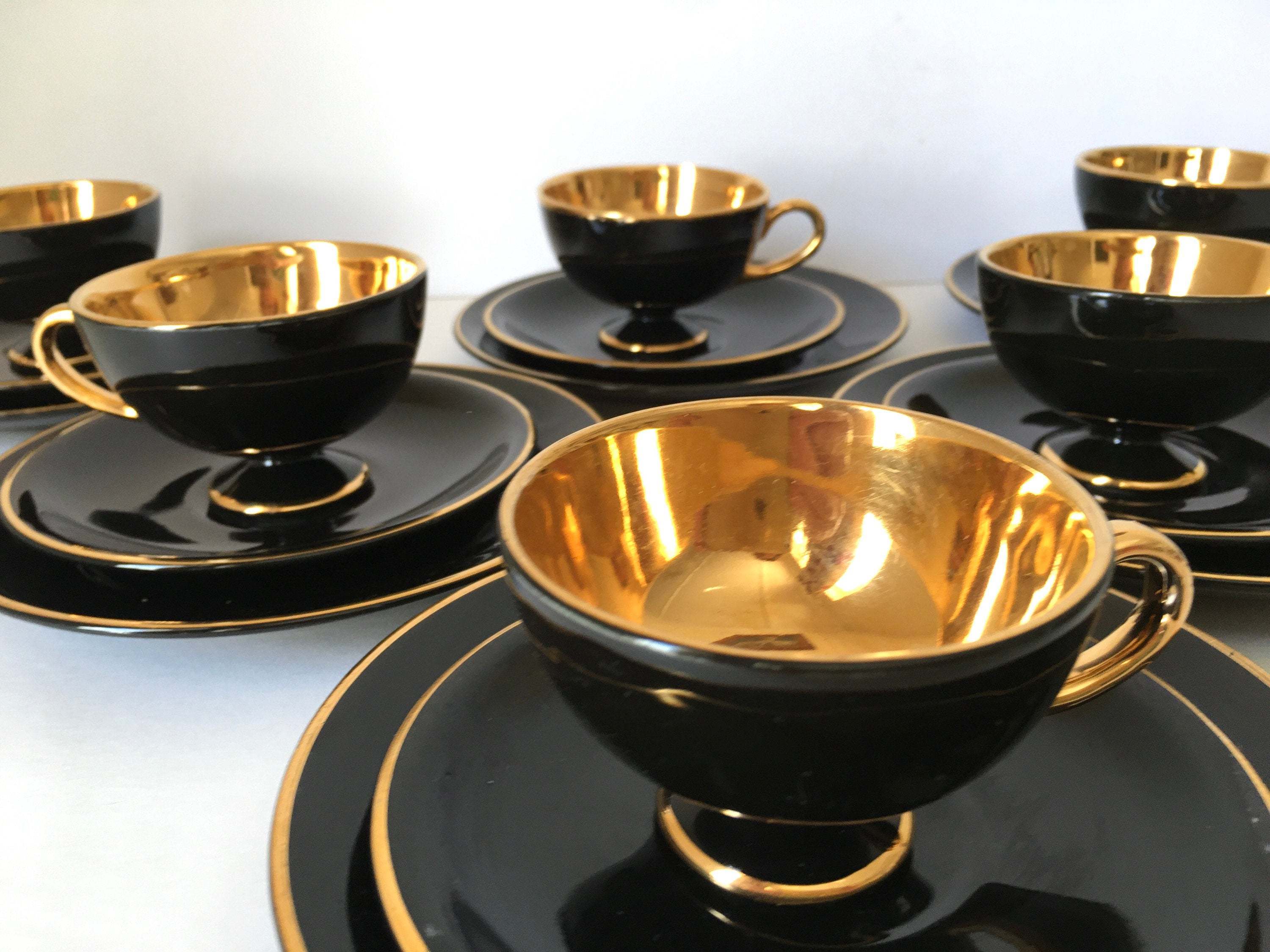 Egersund Norway Norsk Flint 18 Piece Black Gold 1950s Tea Set unknown
