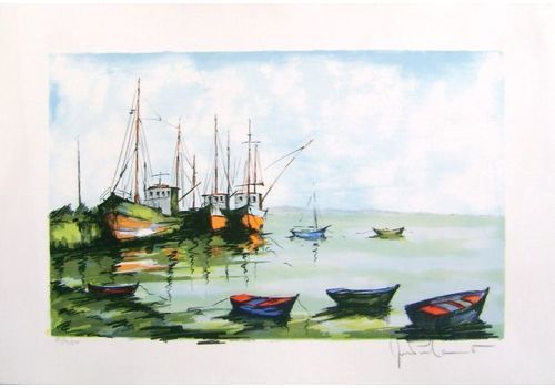 Laurent Jean Pierre   Lithograph   Trawlers Au Port