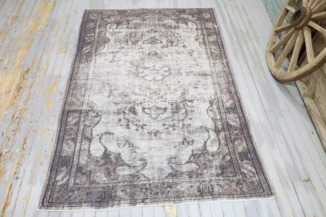 5.7x9, Vintage Pastel Pink Faded Purple Distressed Turkish Rug