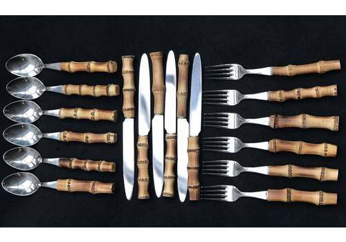 Bamboo Flatware Dinner Set Vintage Forks Knives 1960s Bamboo Handle Stainless Flatware Made In France Boho Chic Bohemian Folk Nature