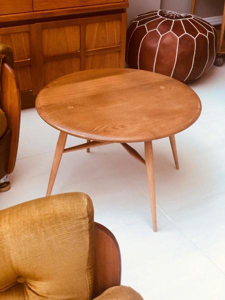 Vintage Ercol Half Moon Drop Leaf Occasional Coffee End Table Model No 308 Lucian Ercolani Ercol Vinterior When open it can sit four people and is great for saving a miniature drop leaf table , beautifully decorated with 1930s musical scores and butterflies, before being crackled and stained for the authentic aged feel.