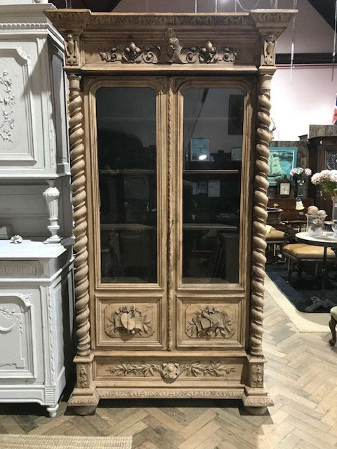 Antique French Rustic Oak Heavily Carved Ornate Glazed Bookcase Display