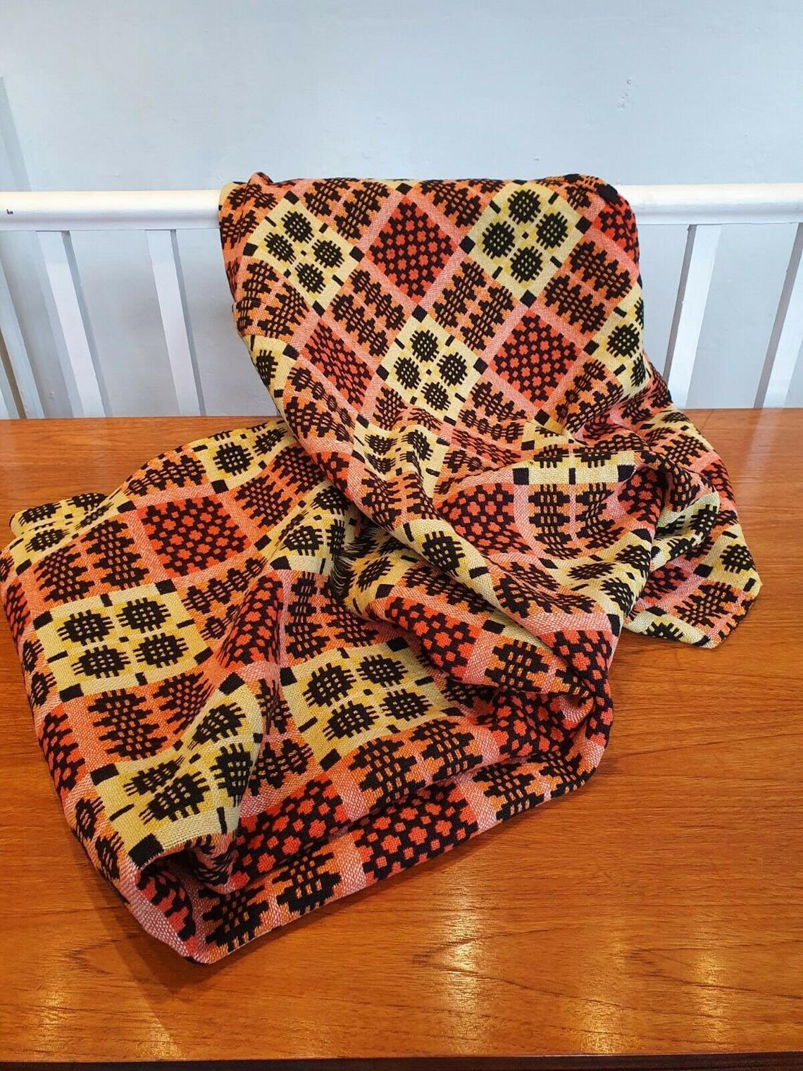 Vintage Double Sided Hand Woven Welsh Tapestry Blanket. Folk Craft