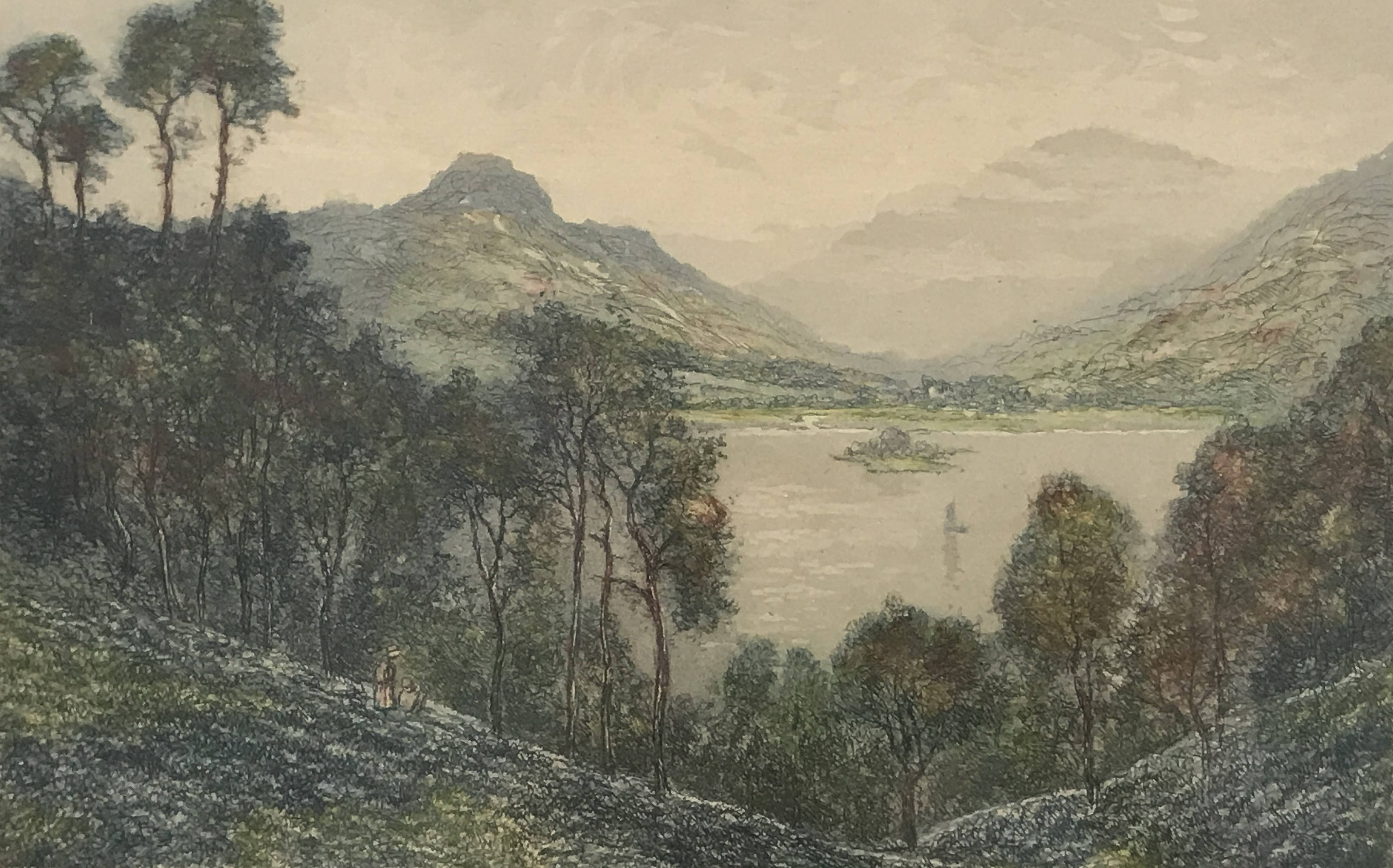 Quality Antique Drawing, Claude Rowbotham, Springtime In Grasmere, Lake