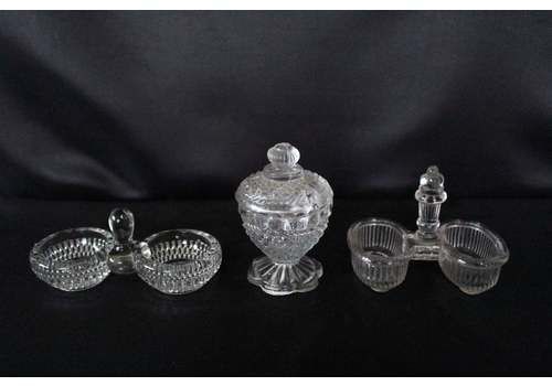 Two Vintage Glass Salt And Pepper Cellar, Molded Glass Cellar, Mustard Pot, Seasonings, French Tableware, Scailmont Belgium, Condiment
