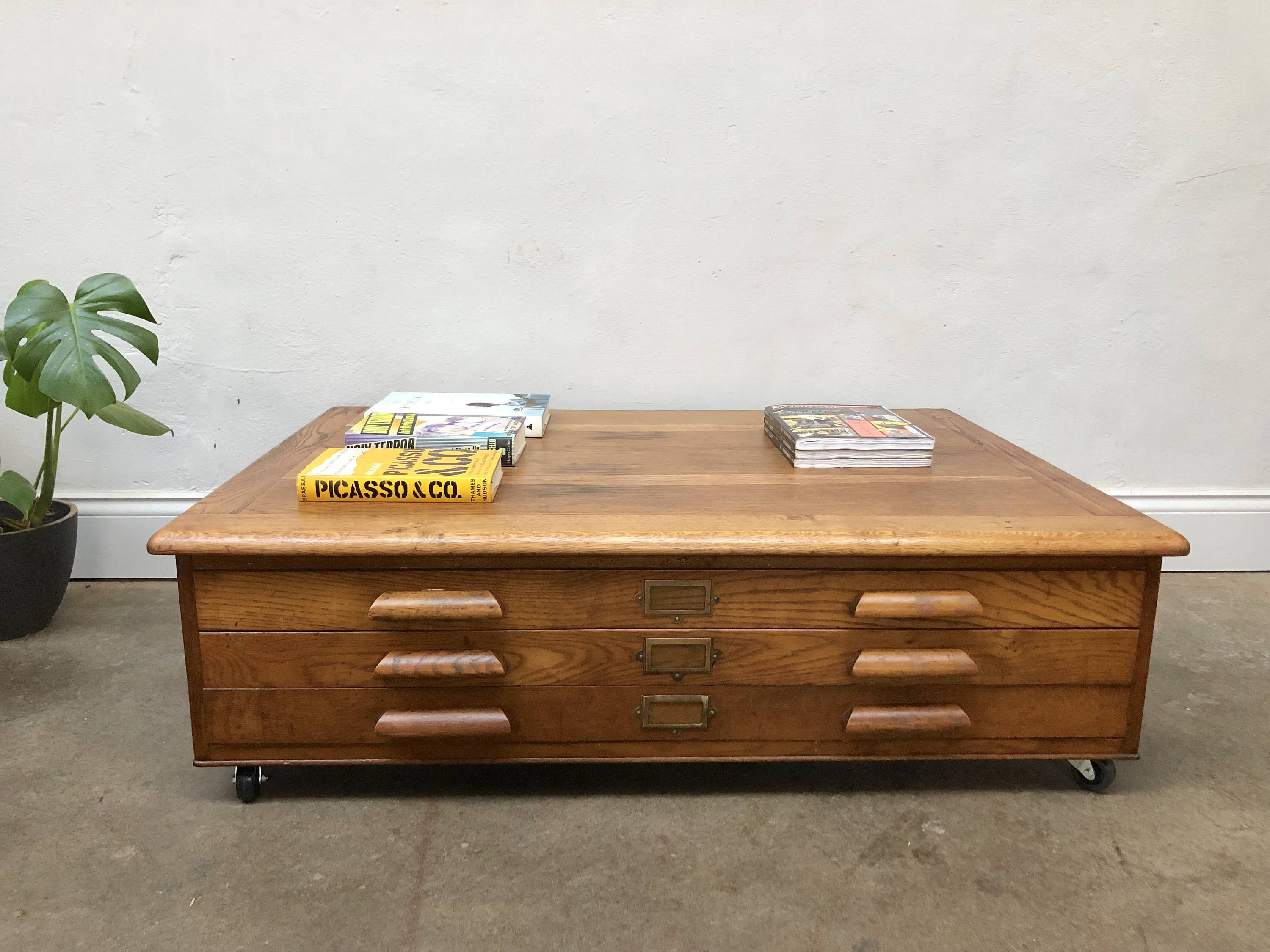 Vintage 1950s Abbess Oak Plan Chest Map Drawers Coffee Table A1