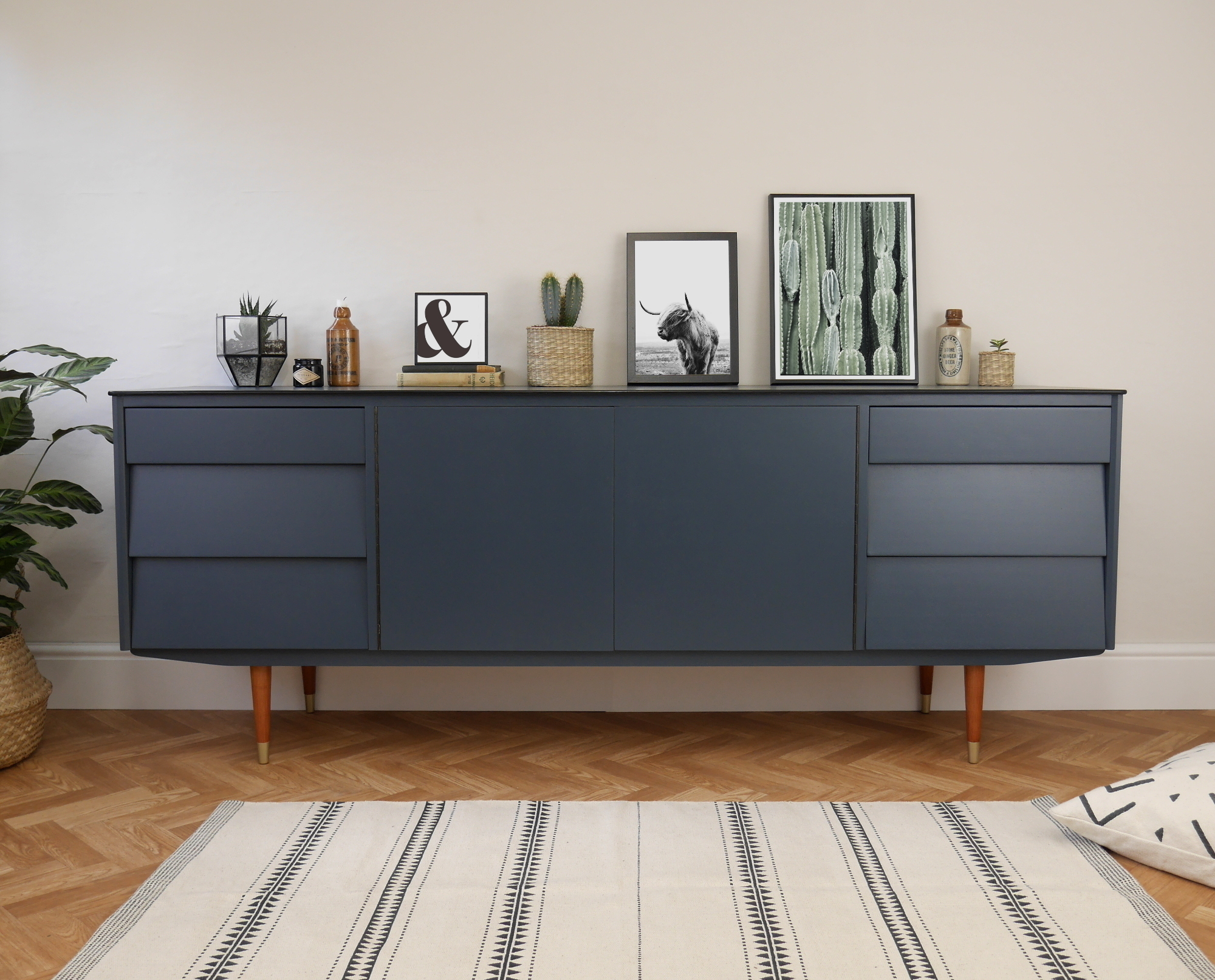Mid Century Sideboard, In Hague Navy Blue With Teak Legs Elizabeth
