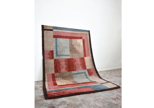 French Art Deco Futurist Handwoven Wool Rug With Abstract Art, 1930