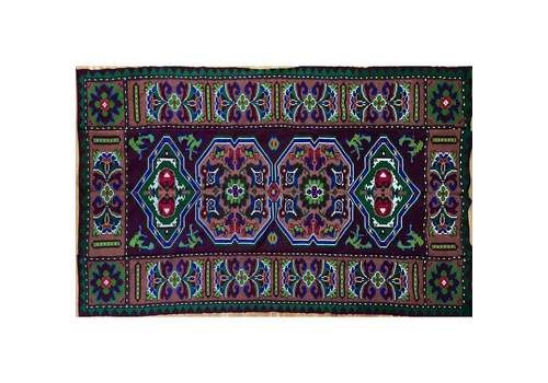 Handwoven Vintage Accent Geometrical Rug, Colorful Wool, Wine Colour With Green And Blue Accents