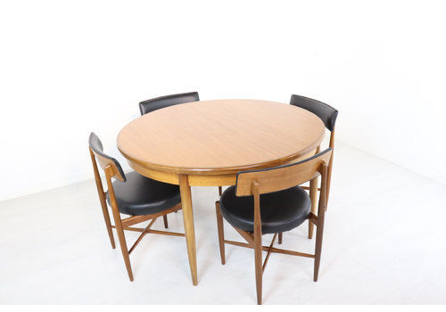Mid Century G Plan Teak Circular Dining Table With Four Kofod Larsen Chairs Retro New Black Vinyl Original Furniture Fresco Set Immaculate