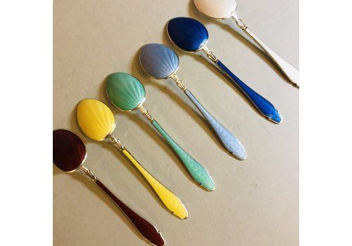 Antique Silver Guilloche Enamel Tea Spoons Boxed