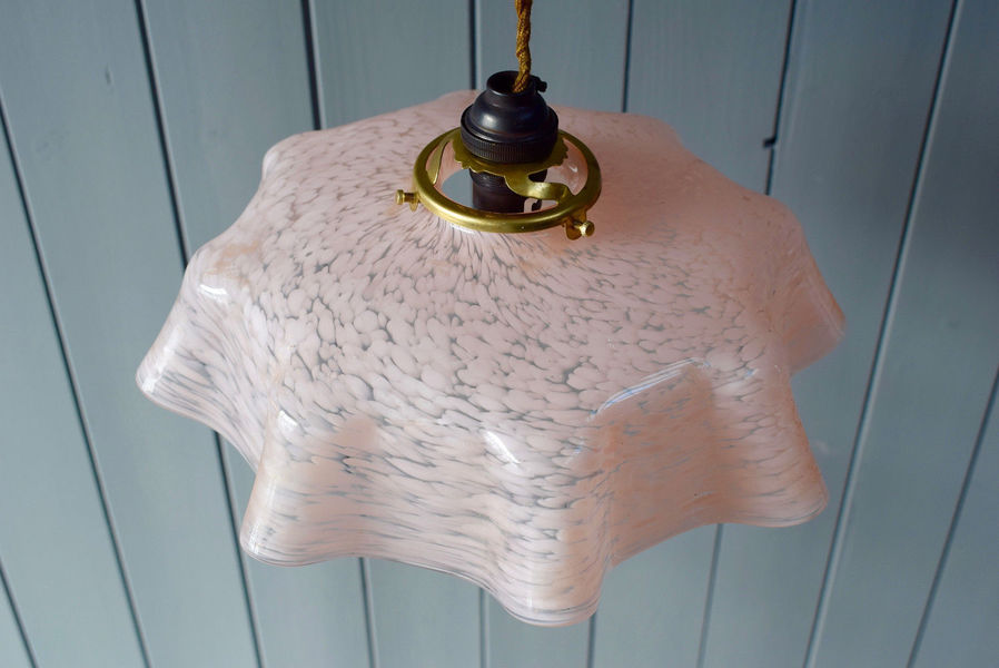 Vintage French Pale Pink Speckled Glass Opaque Soft Frill Pendant Light Shade