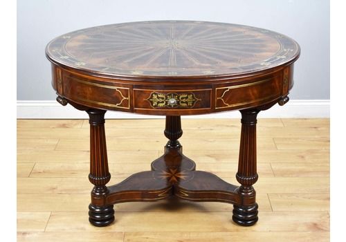 19th Century English Regency Flame Mahogany Brass Inlaid Drum Table