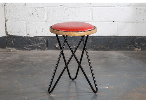 Hot Orange Leather Stool With Hairpin Legs