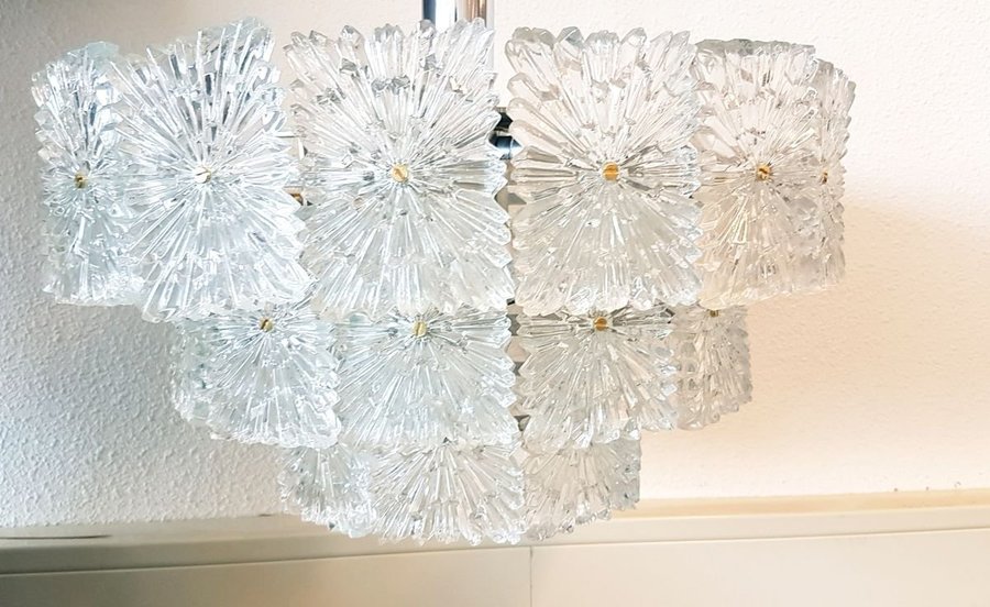 Mid Century Etched Rectangular Glass Tile 3 Tier Chandelier From Kinkeldey, 1960s photo furniture