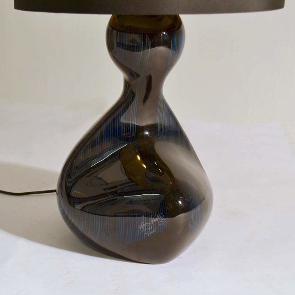 Large Free Form Sculptural Table Lamp In Deep Blue Wood With Black & Gold Shade photo furniture