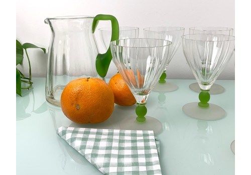 Glass Jug And Goblet Set  This Beautiful Drinking Set Consists Of A Jug And Six Goblet Glasses. The Glasses Have A Lovely Frosted Base With A Green Ac
