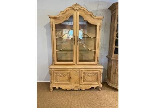 French Rustic Oak Ornate Vitrine Glazed Bookcase Display Cabinet With 2 Door Cupboard