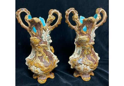 Wilhelm Schiller & Son Majolica Pair Of Twin Handled Vases Woodland Nymphs Putti