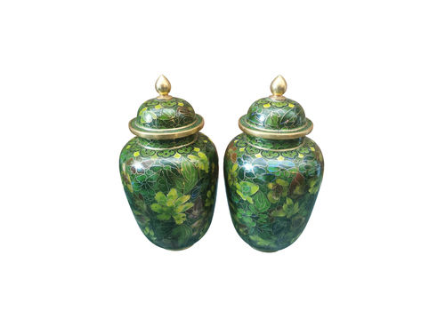 Pair Of Vintage Green Chinese Cloisonne Ginger Jars With Lids