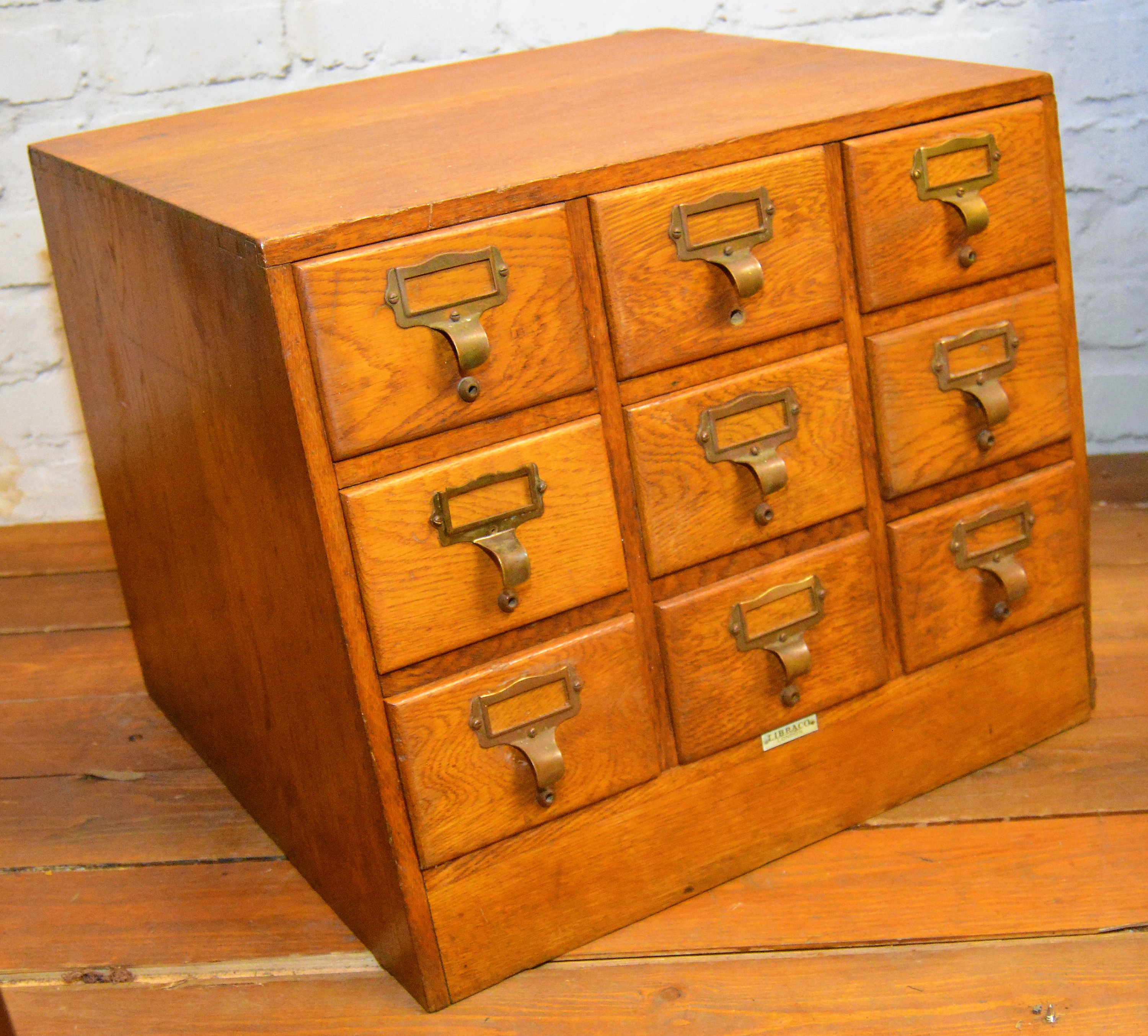 1940s Oak Nine Draw Cabinet Card Index Holder Storage Industrial