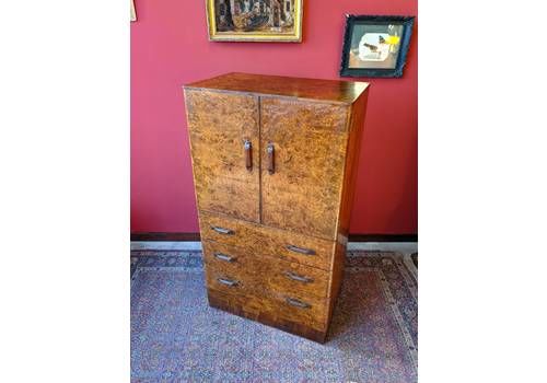Antique Art Deco Burr Walnut Tallboy Gentleman's Wardrobe Compactum