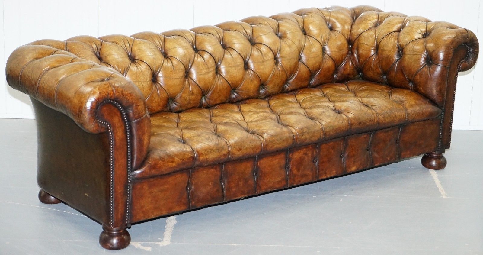 Rare Vintage Hand Dyed Whiskey Heritage Brown Leather Chesterfield Club Sofa