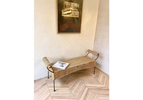 Woven Rush/Rope & Iron Scroll End Bench Seat