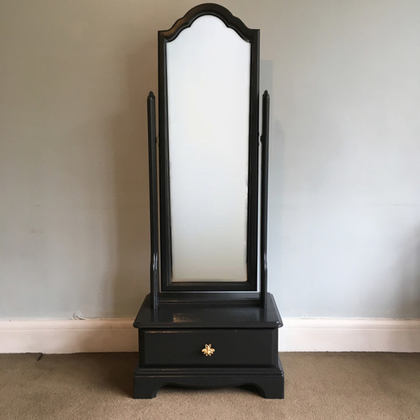 Upcycled Full Length Mirror With Storage Hand Painted Graphite Black Dark Grey Gold Bee Free Standing Floor
