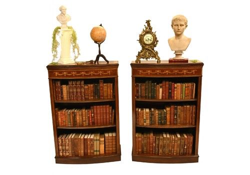 Pair Regency Open Bookcases Mahogany Adjustable Shelving Sheraton Inlay