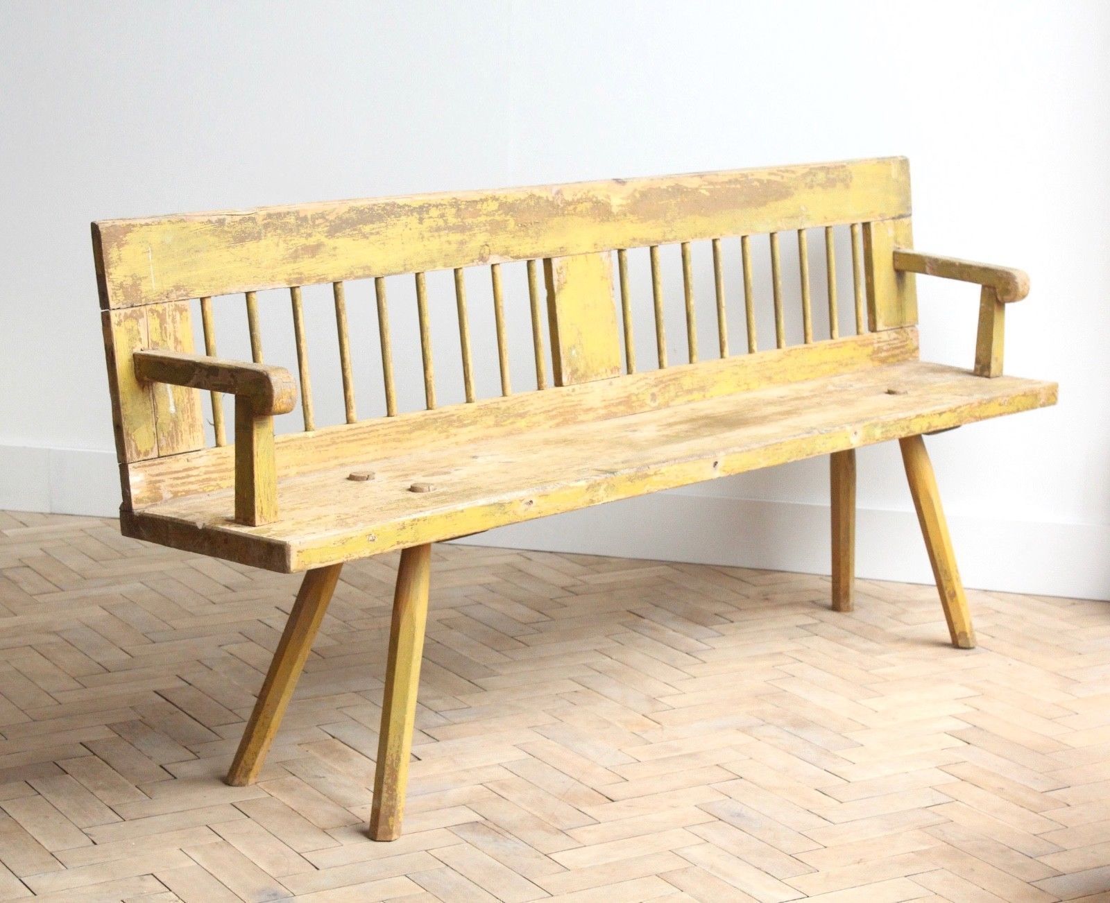 Vintage Folky Wooden Mustard Yellow Stick Back Garden Bench Vinterior
