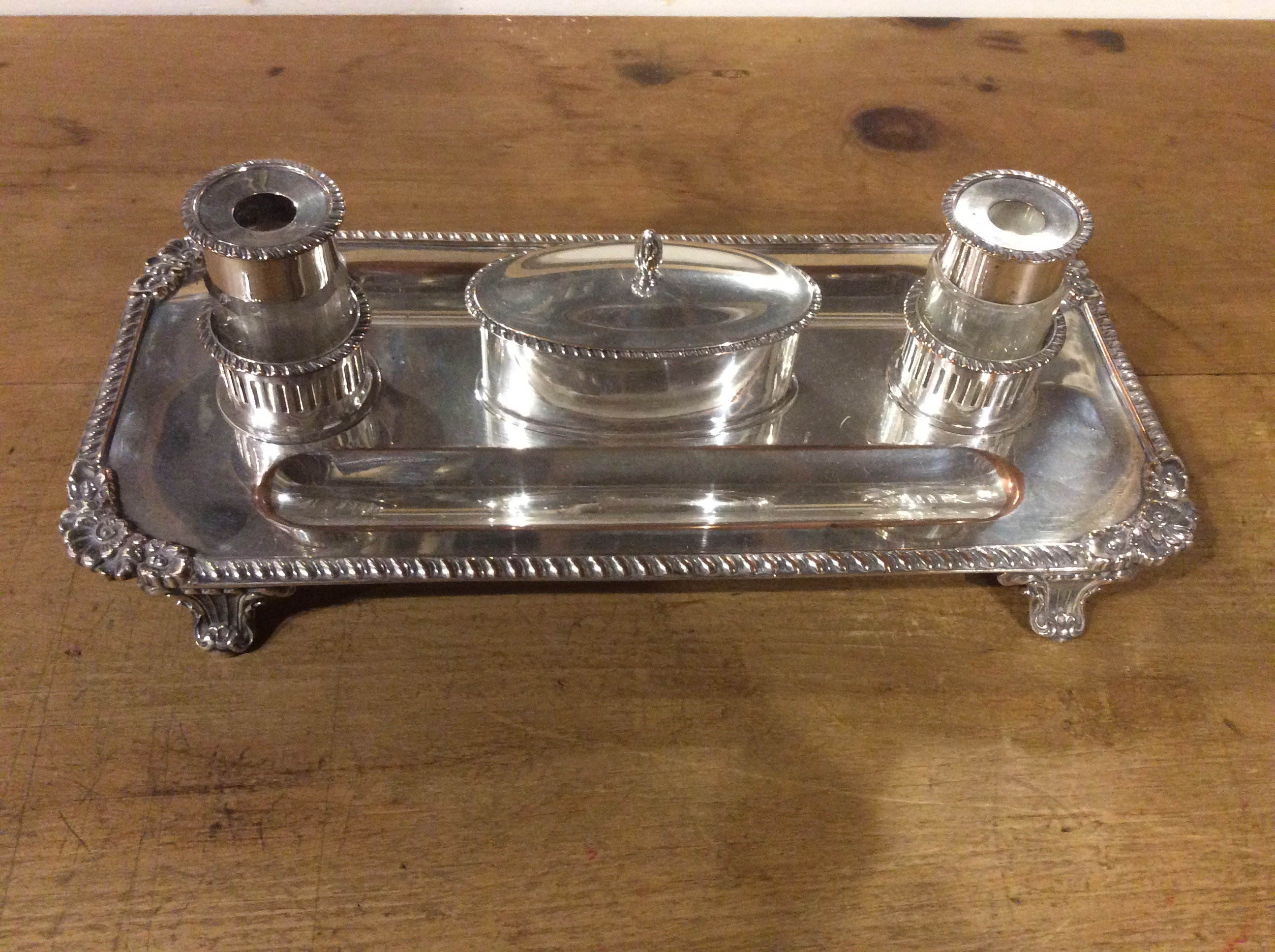 Antique 18th Century Old Sheffield Plate C1790 Double Inkwell And Antique 18th Century Old Sheffield Plate C1790 Double Inkwell And Pen Stand Desk Set Inkwells Glass Vinterior