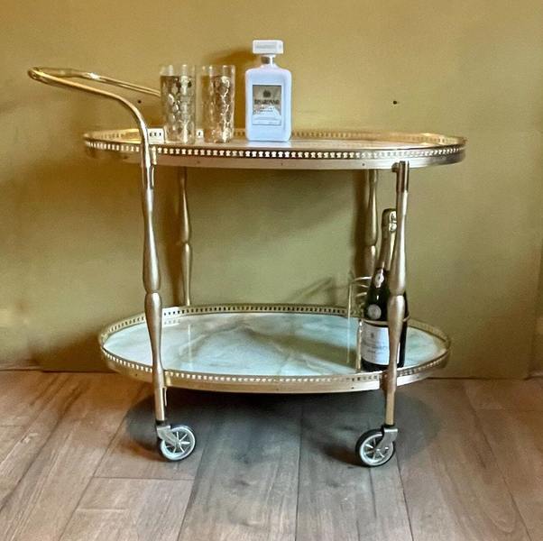 Mid Century Gold And Marble Bar Cart, Italian, Gold And Rosewood Effect