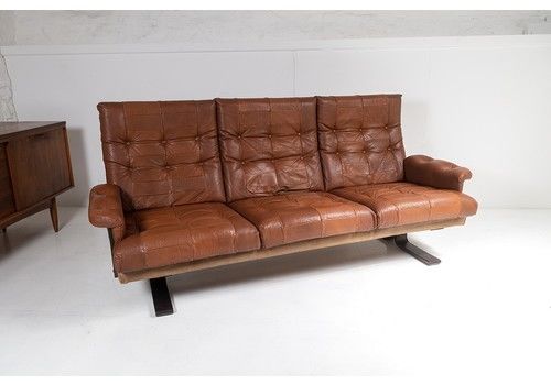1970s Scandinavian Mid Century Brown Patchwork Leather And Suede 3 Seater Sofa