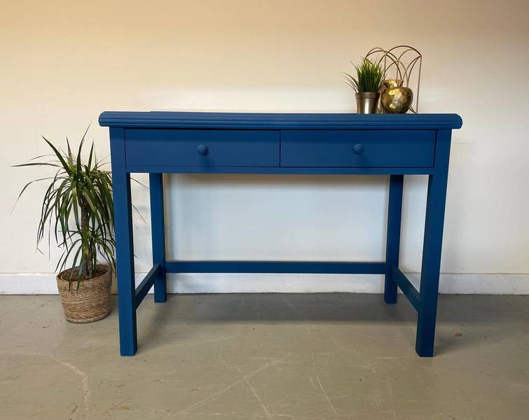 Blue Console Table, Glass Topped Desk, Blue Two Drawer Hall Table