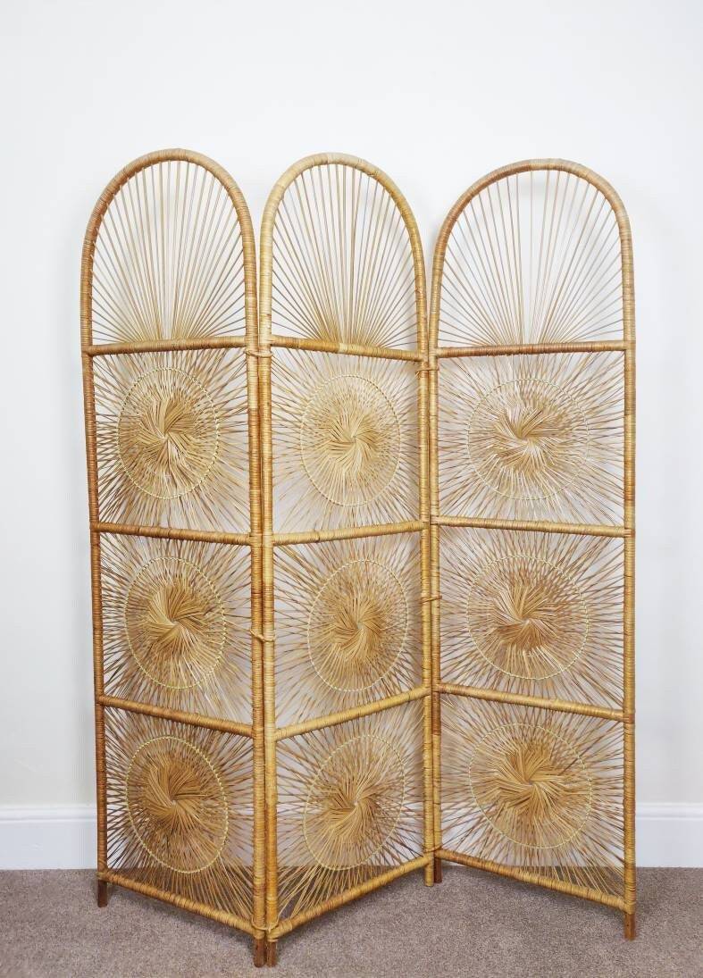 Vintage Bamboo Sunburst Room Divider, Tiki Boho Rattan Cane Mid Century